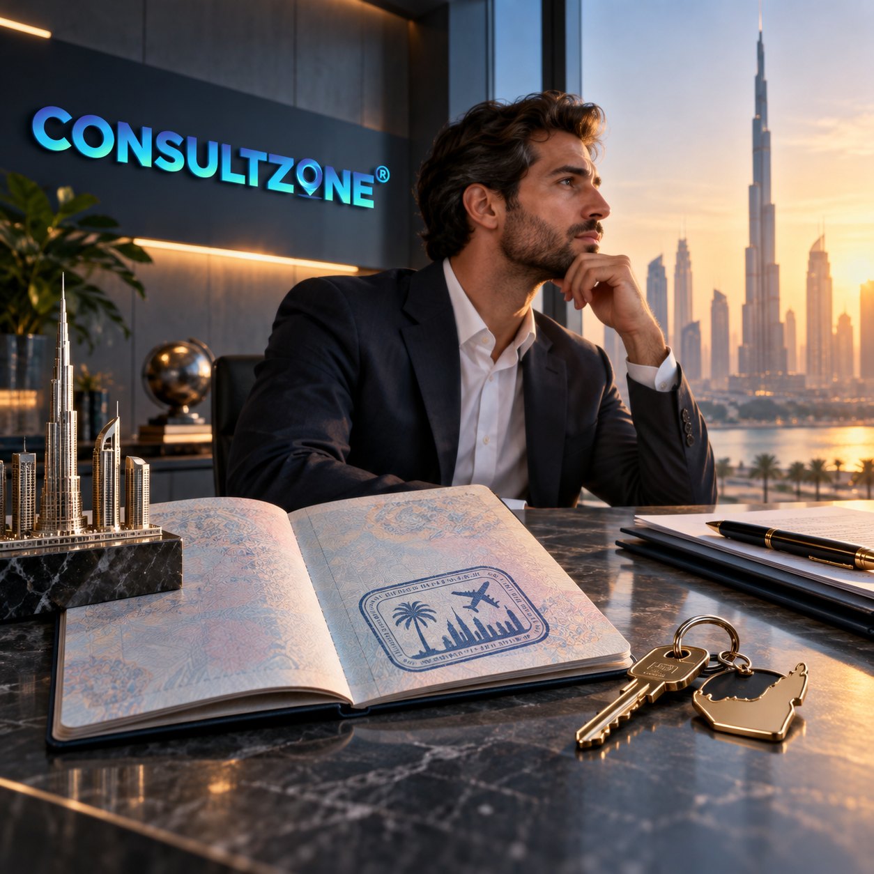 A man at a desk looks out at the Burj Khalifa, an open stamped passport and house keys before him