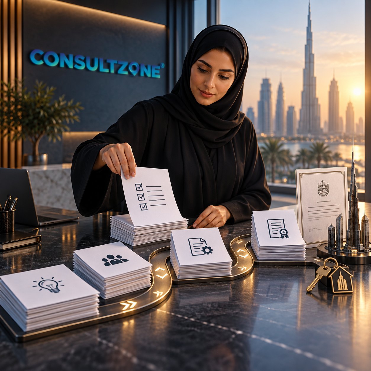 A woman in a hijab lays a checklist sheet onto one of several document stacks linked by lit arrows