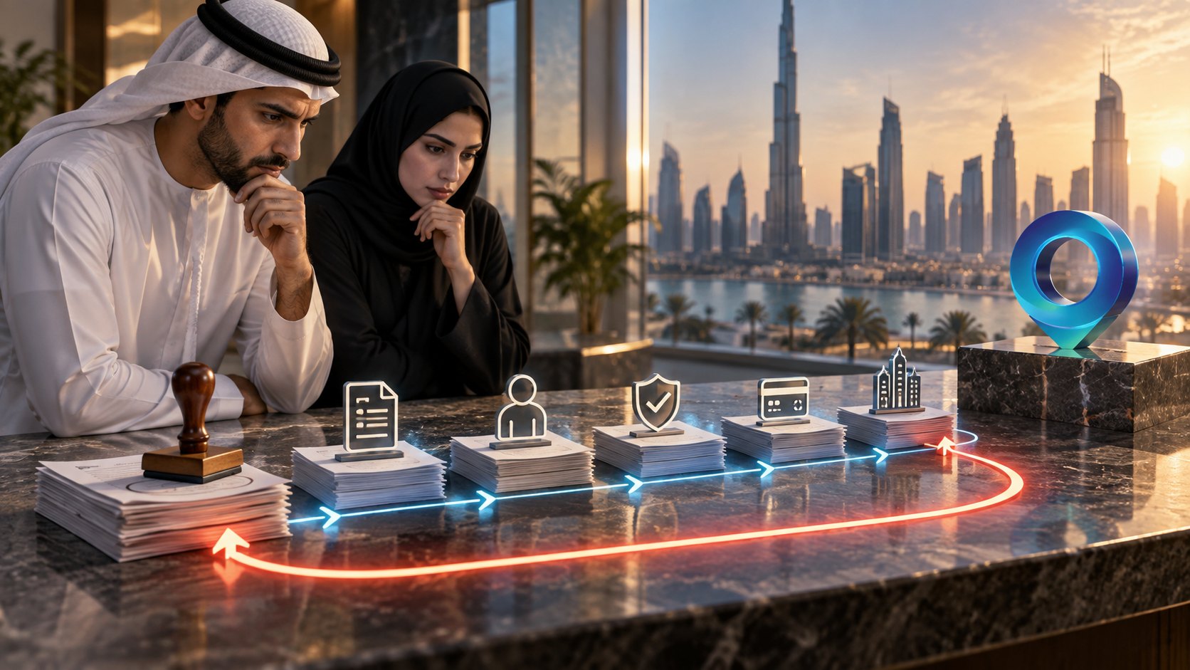 A man and a woman look down at icon markers standing along a glowing track across a marble counter