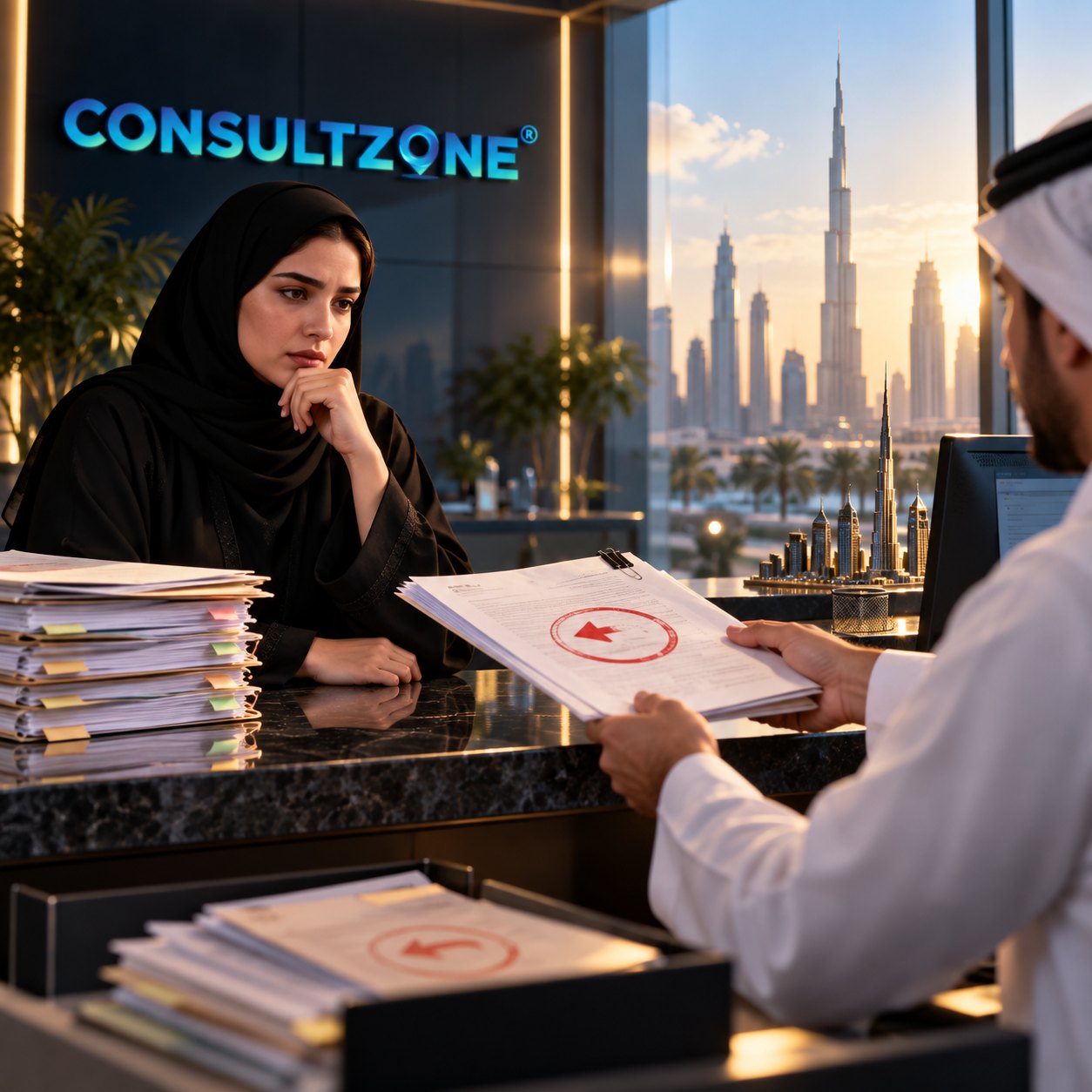 A man in a kandura holds an open sealed folder at a counter where a woman sits among tabbed files