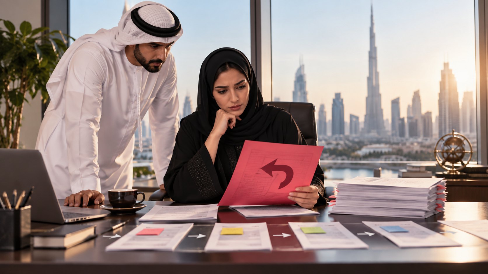 A woman in a hijab reads a sealed document while a man in a kandura leans over the spread desk
