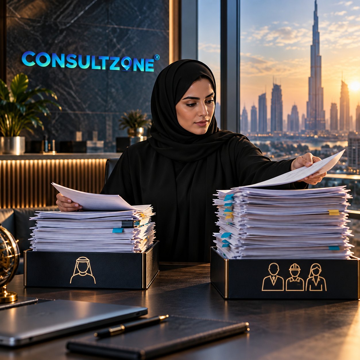 A woman in a hijab sorts loose sheets between two tall tabbed stacks resting on labelled black trays