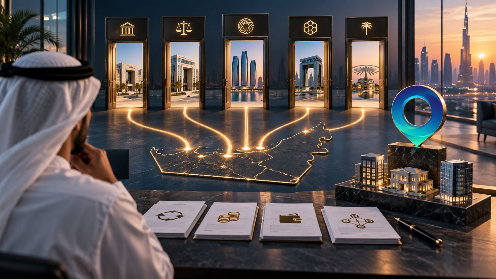 Over a man's shoulder, glowing lines run from an outline map of the Emirates to five lit doorways