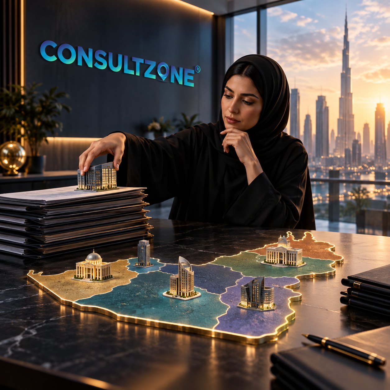 A woman in a hijab leans over a lit relief map of the Emirates, each region carrying a miniature building