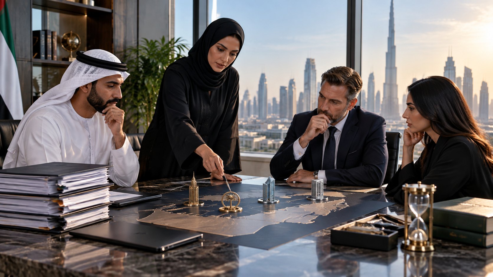 A standing woman points with a pen at a relief map set into the table, three seated colleagues watching