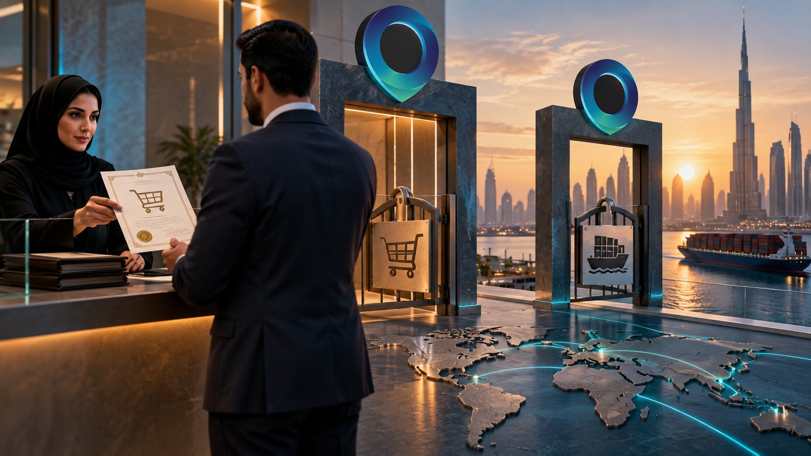 A man takes a sealed sheet from a woman at a counter, stone gateways and a route map beyond