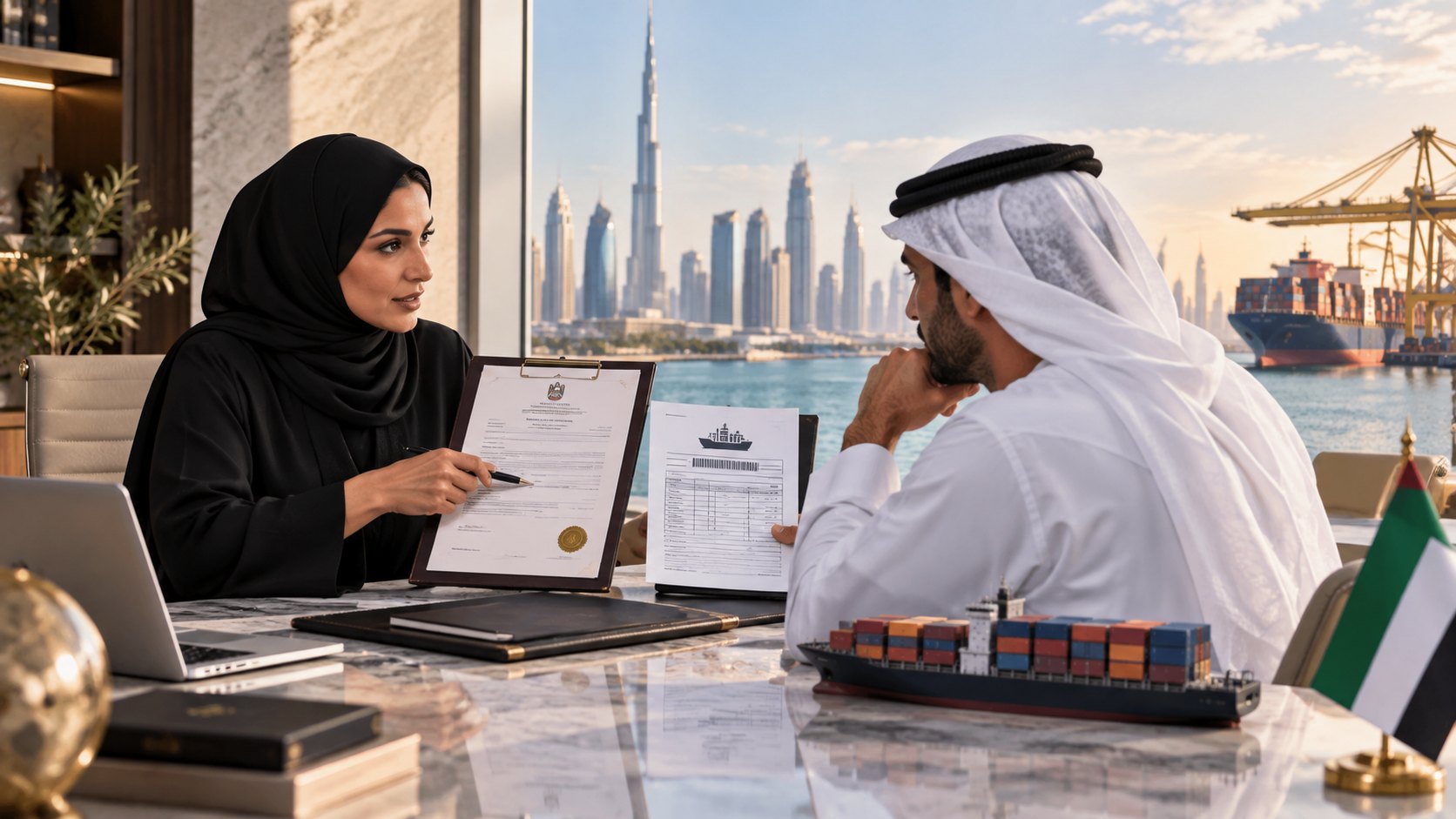 A woman in a hijab points with a pen at a sealed certificate held toward a man in a kandura