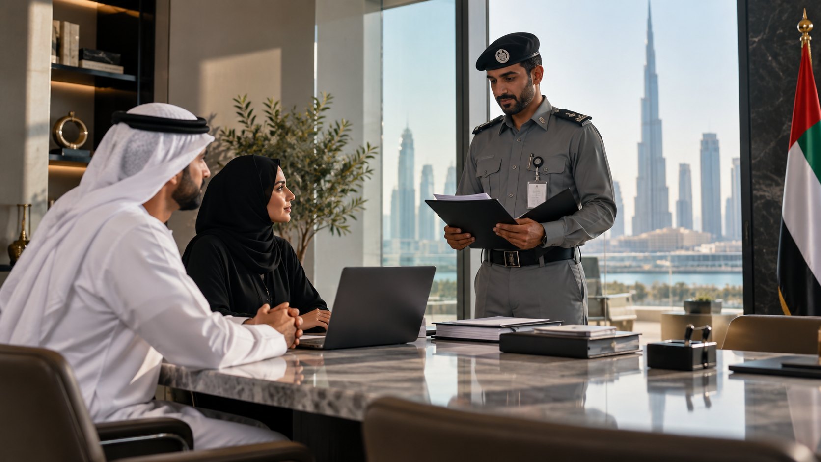 A uniformed officer with a clipboard addresses a man in a kandura and a woman seated at a table
