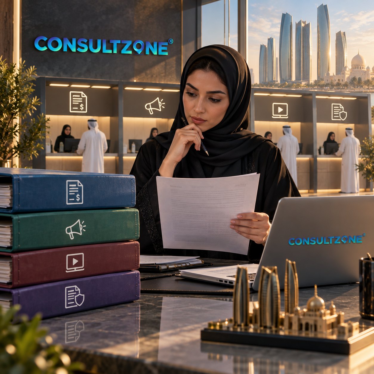 A woman in a hijab reads a printed sheet beside four stacked binders marked with icons, staffed counters behind
