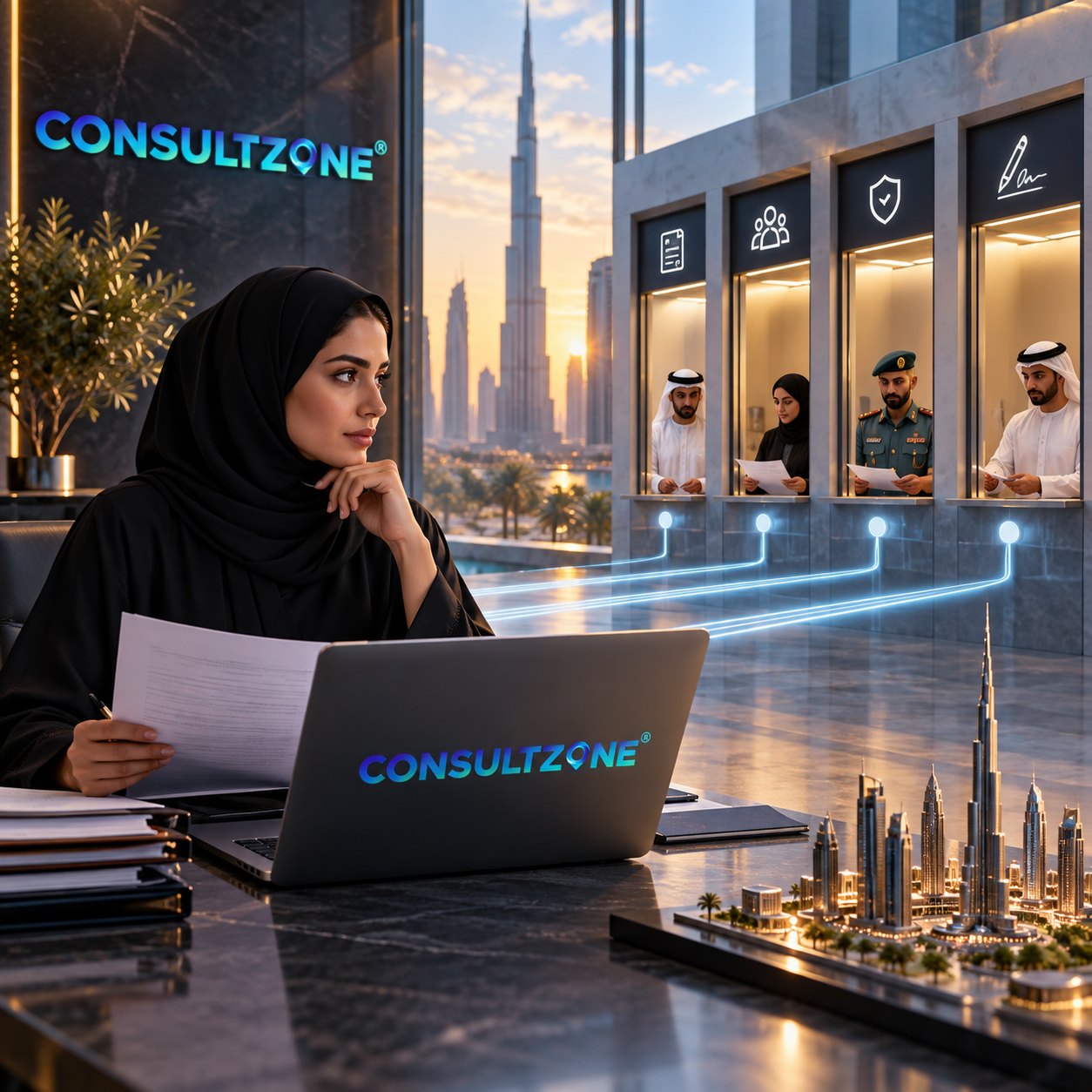 A woman at a laptop watches glowing lines run to four lit service windows, a skyline model alongside