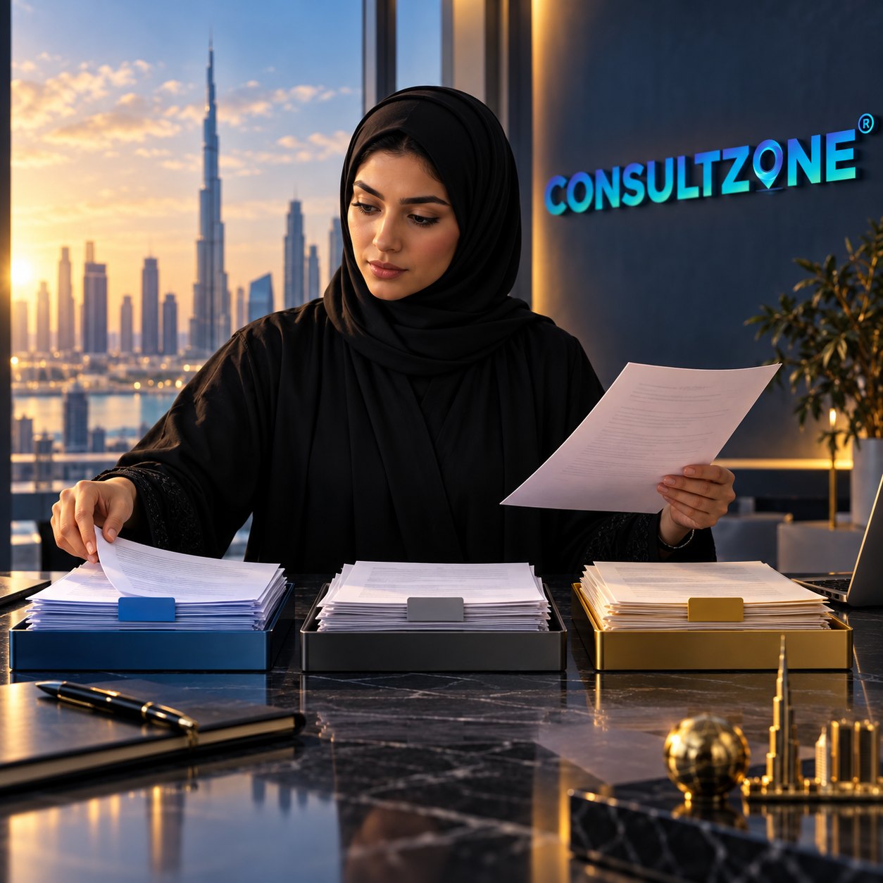 A woman in a hijab lifts a sheet from one of three trays of sorted documents on a marble desk