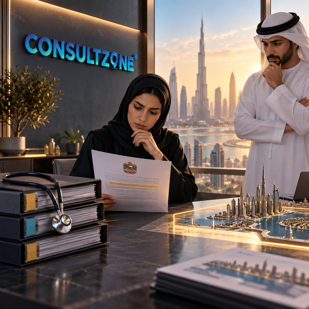 A woman reads a crested document while a stethoscope rests on ring binders and a man in a kandura watches
