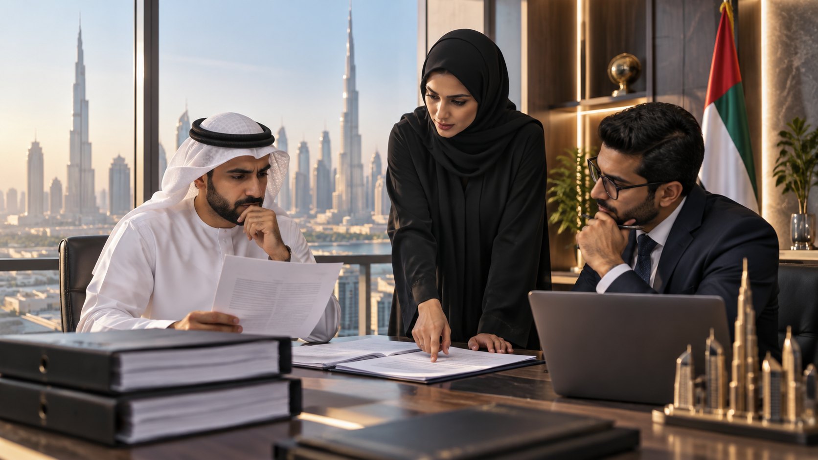 A man in a kandura reads a sheet while a standing woman sets down papers and a colleague works