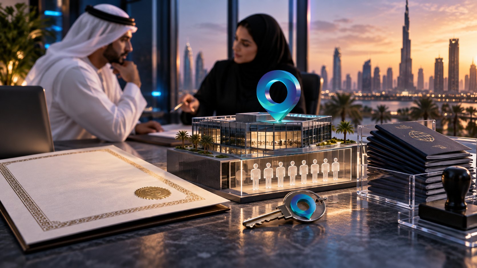 A lit model of a low office building under glass, an open sealed certificate and brass keys before it