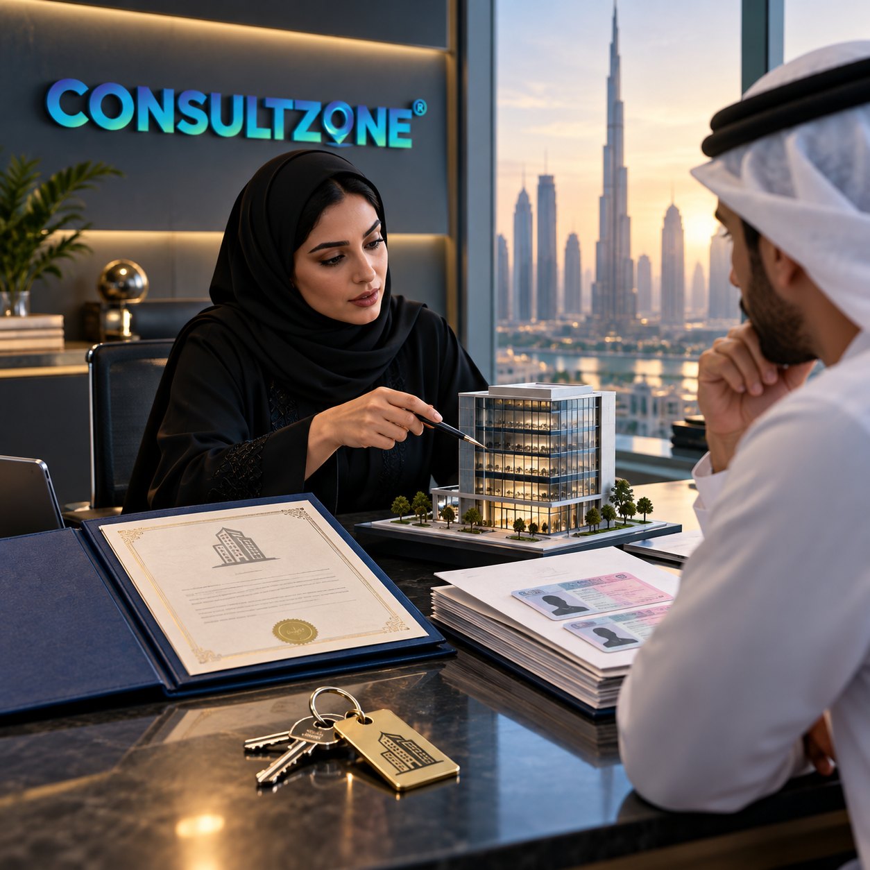 A woman explains a scale model of an office building to a man in a kandura seated opposite