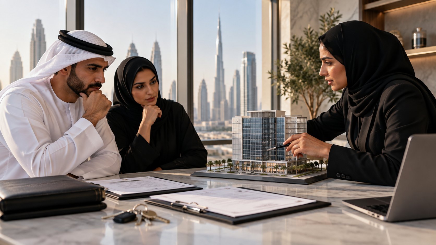 A woman points a pen at a scale model of an office tower for two listeners across the table