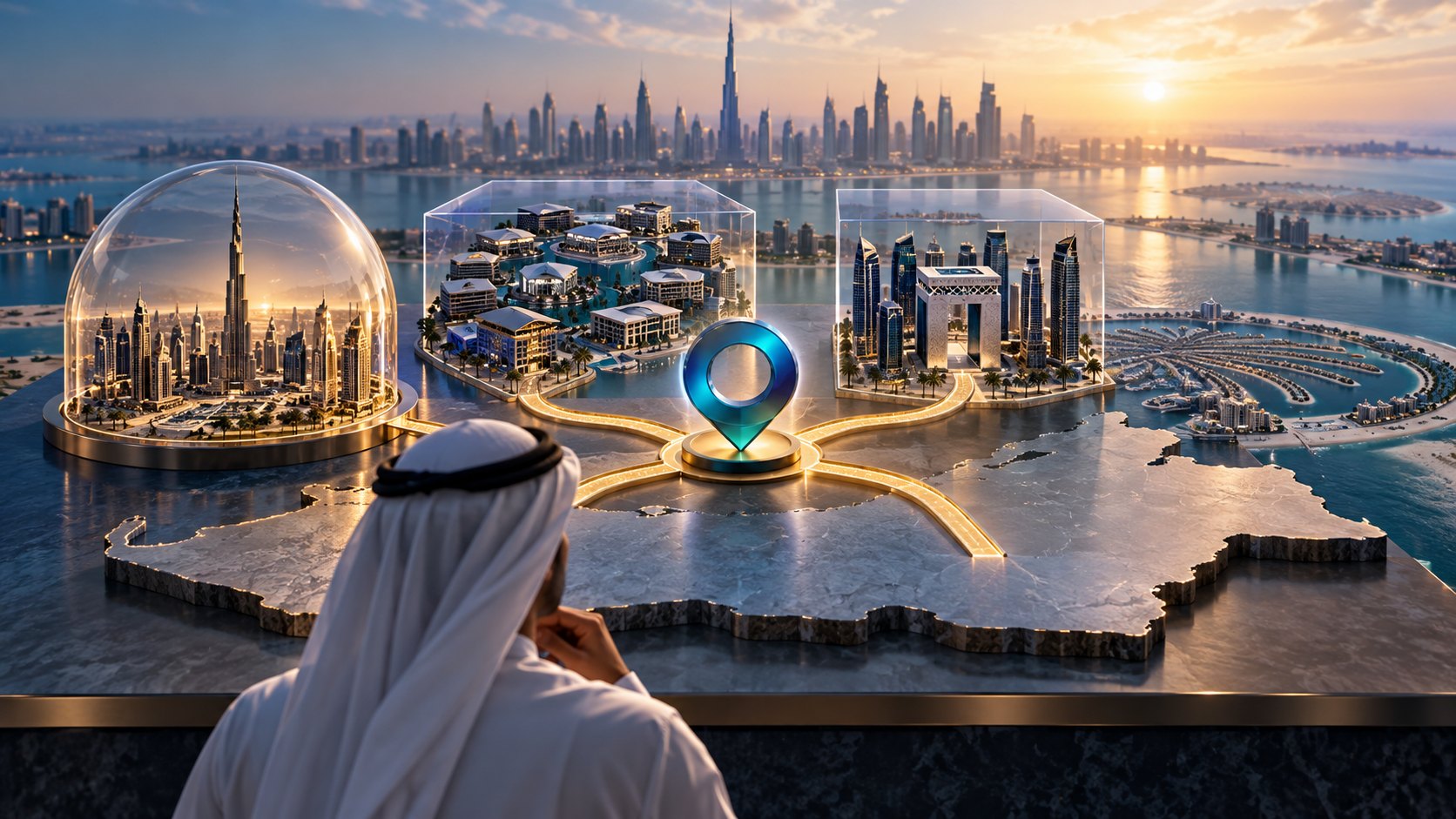 Man seen from behind faces glass domes over city district models, a lit marker at centre