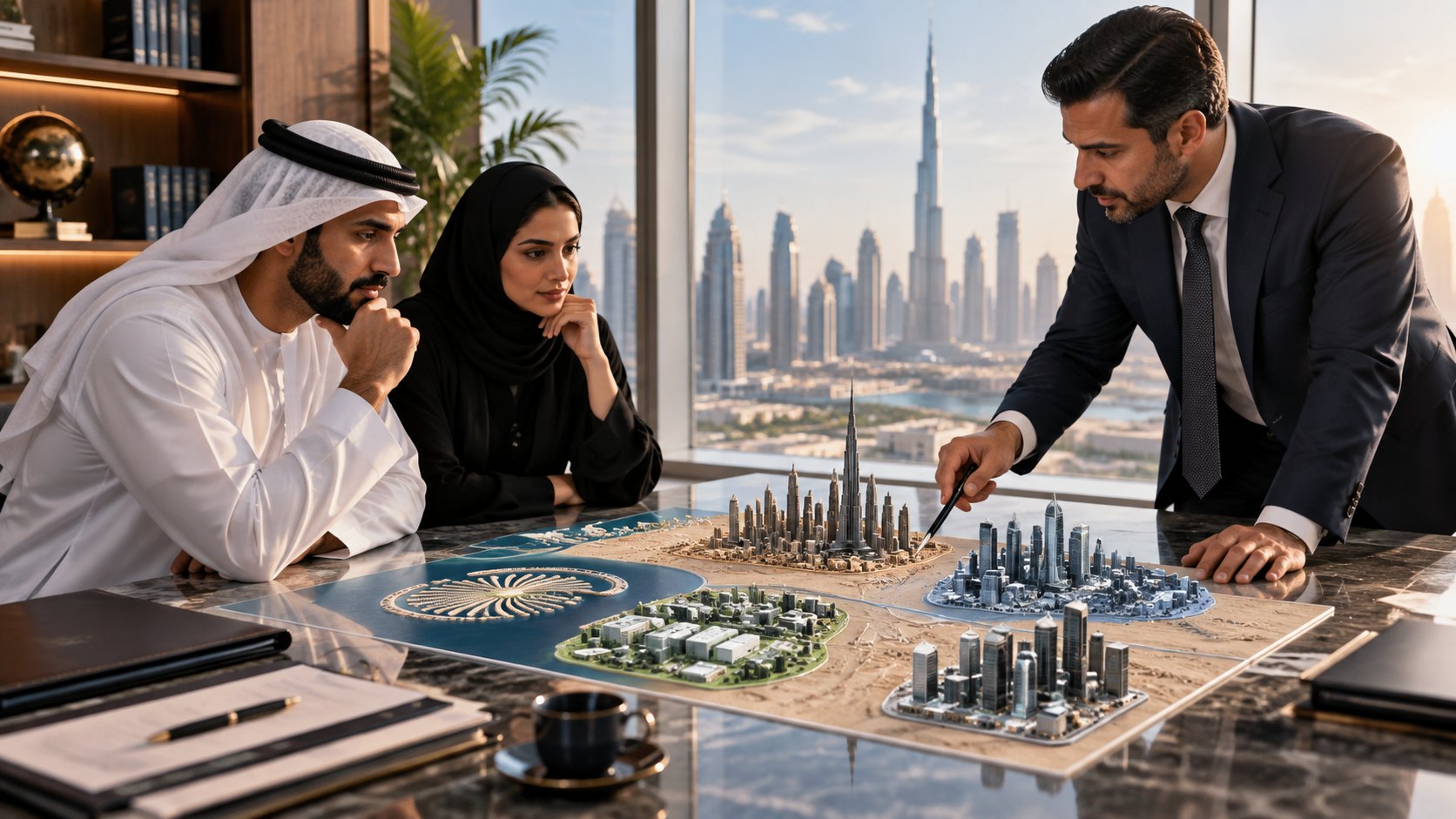 Two men and a woman lean over a tabletop model of Dubai towers, one of them pointing