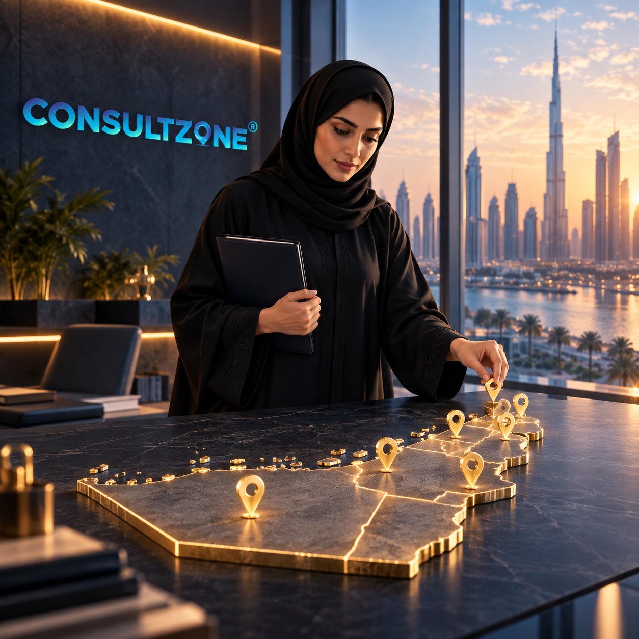 Woman holding a tablet sets a glowing marker on a lit map of the Emirates
