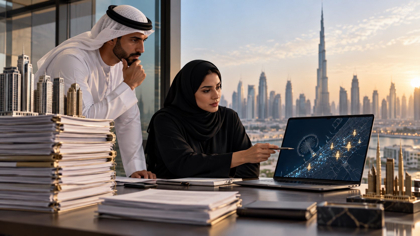 Woman points at a laptop network diagram while a colleague watches, tall stacks of files beside them