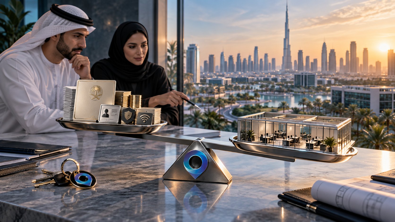 Balance scale weighing stacked coins against a model office building, two colleagues watching from behind