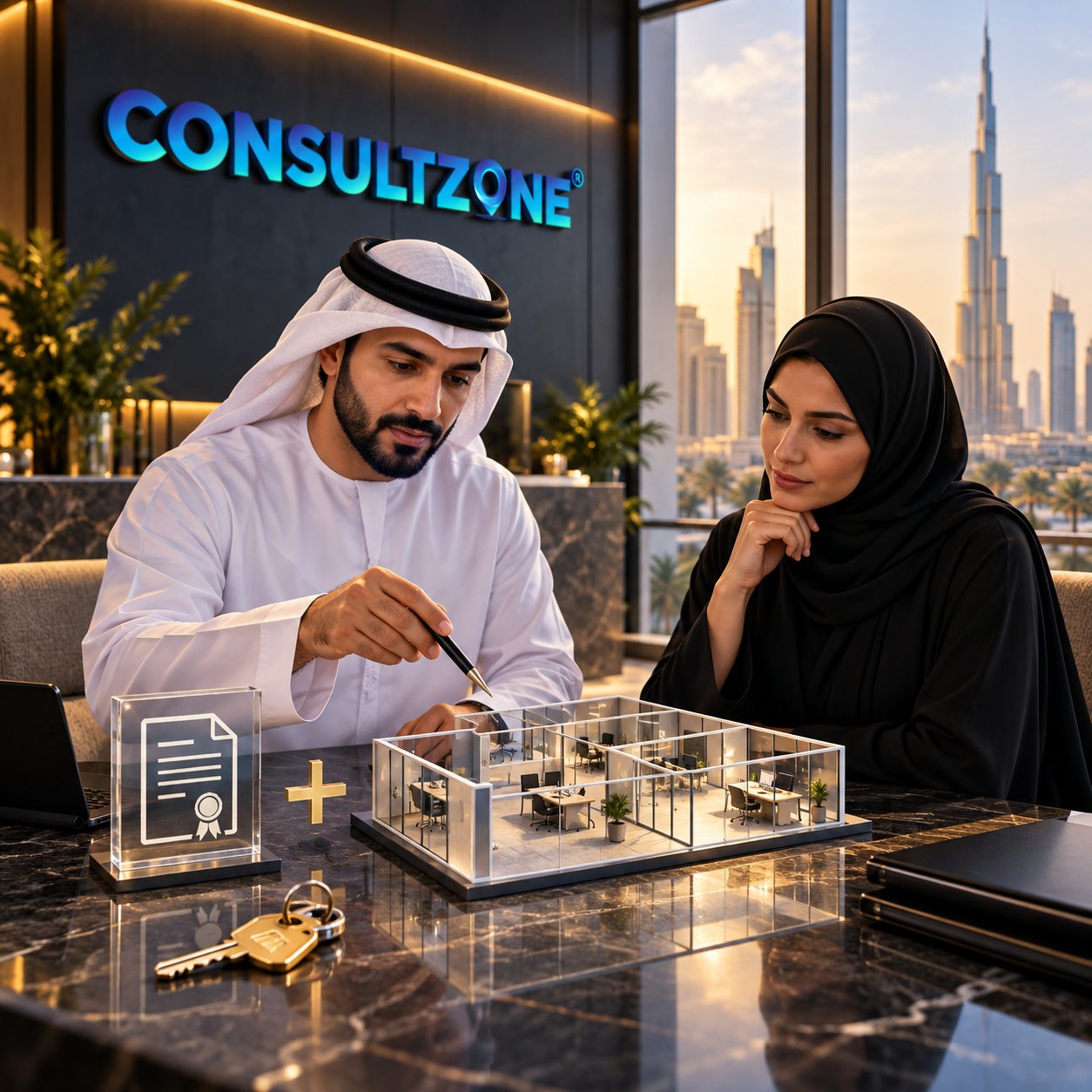Man points a pen at a glass model of a fitted office while a colleague watches