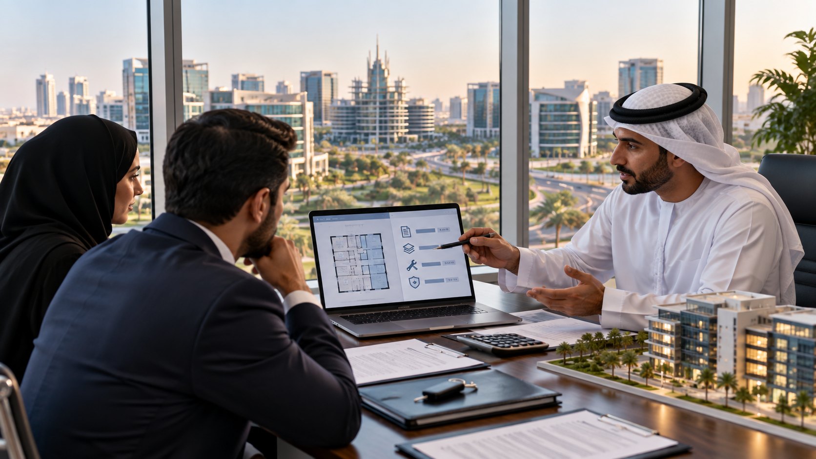 Man points at a laptop floor plan and checklist for two colleagues, calculator and papers alongside