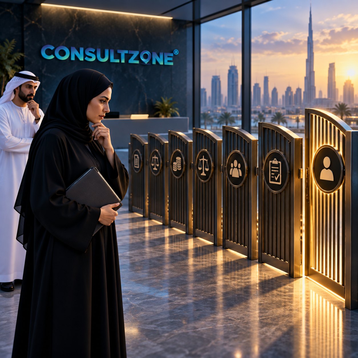 Woman with a tablet studies a row of brass gates, each marked with a different trade icon