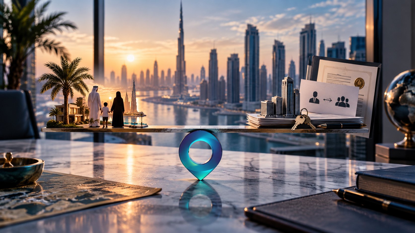 Glowing marker on a marble desk beside a sealed certificate and keys, Dubai skyline beyond