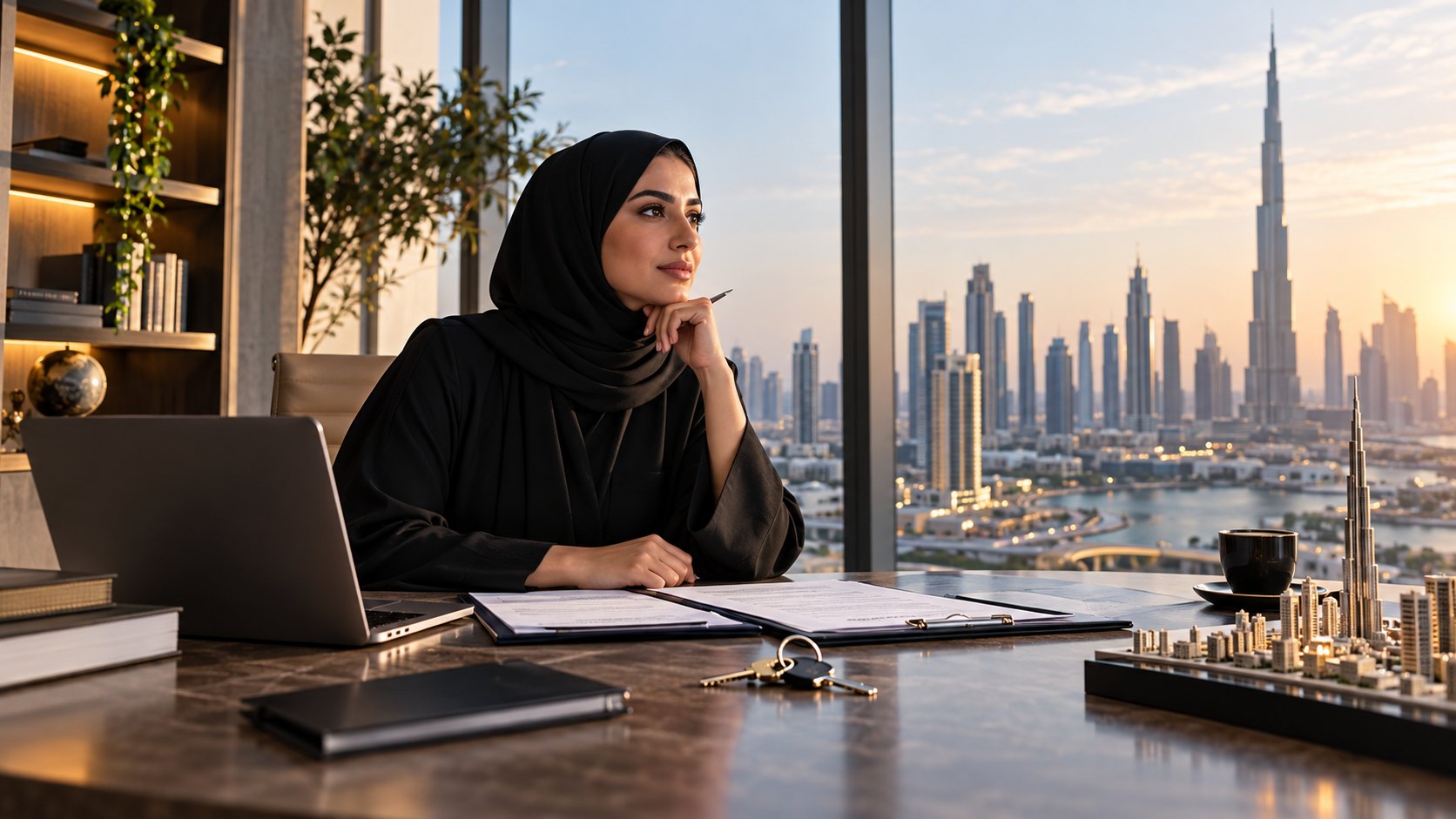 Woman pauses over an open folder at her desk, Burj Khalifa and the skyline through the window