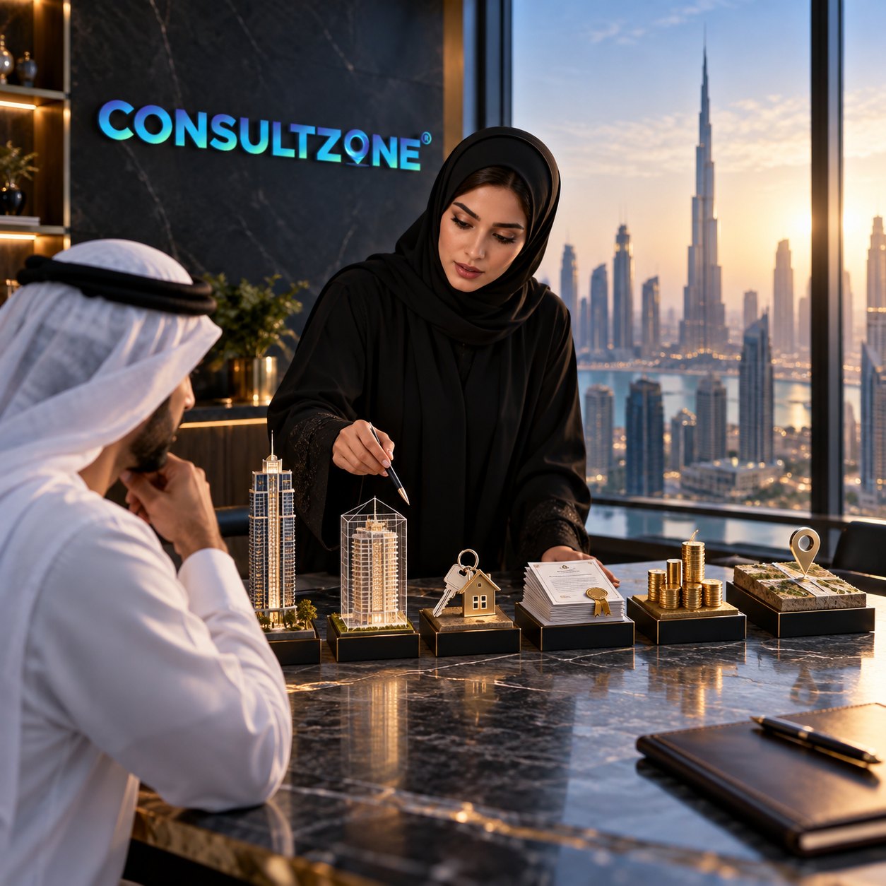 Woman points a pen along a row of tower models, keys and stacked coins on a counter