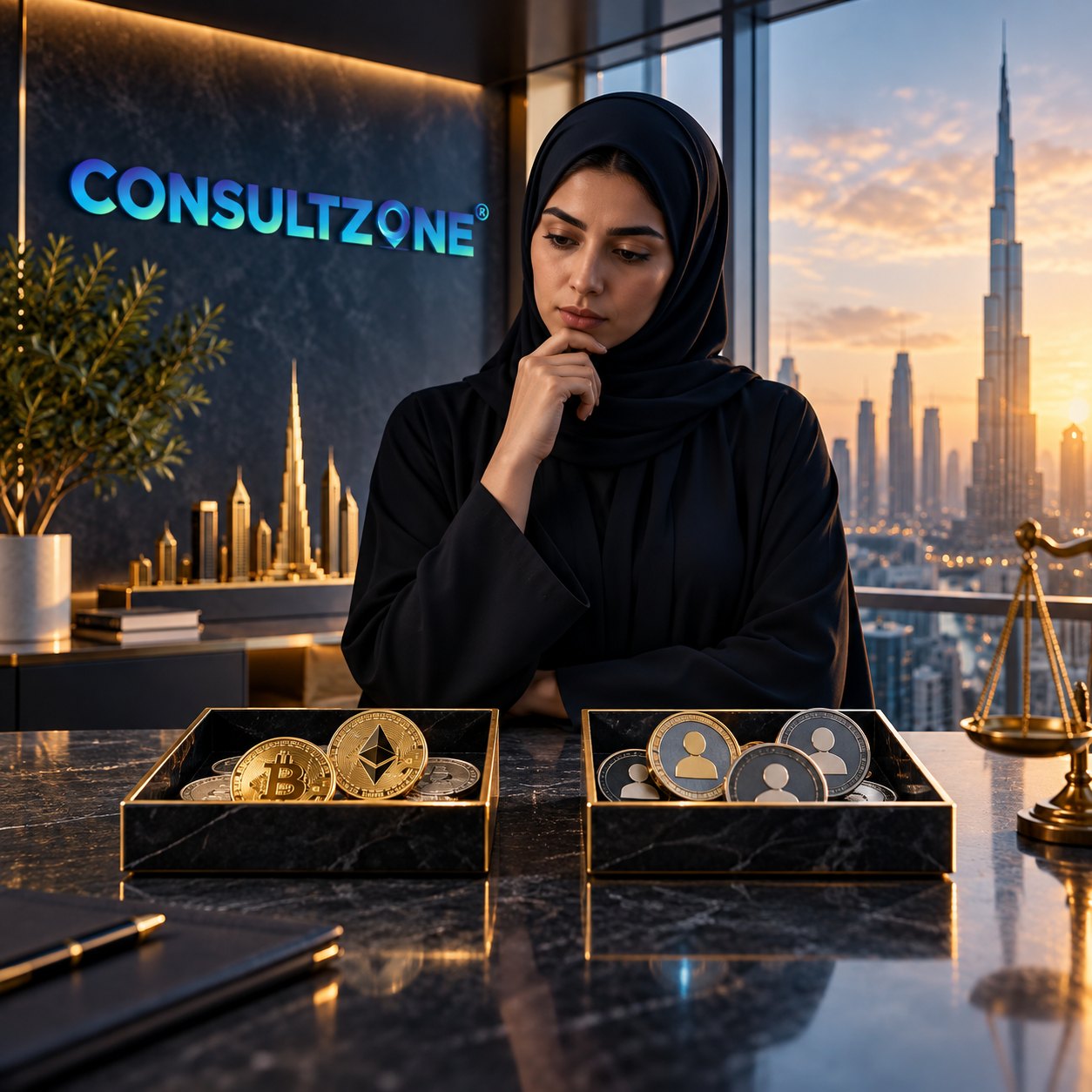 Woman considers two trays of coins stamped with currency symbols beside a brass balance scale