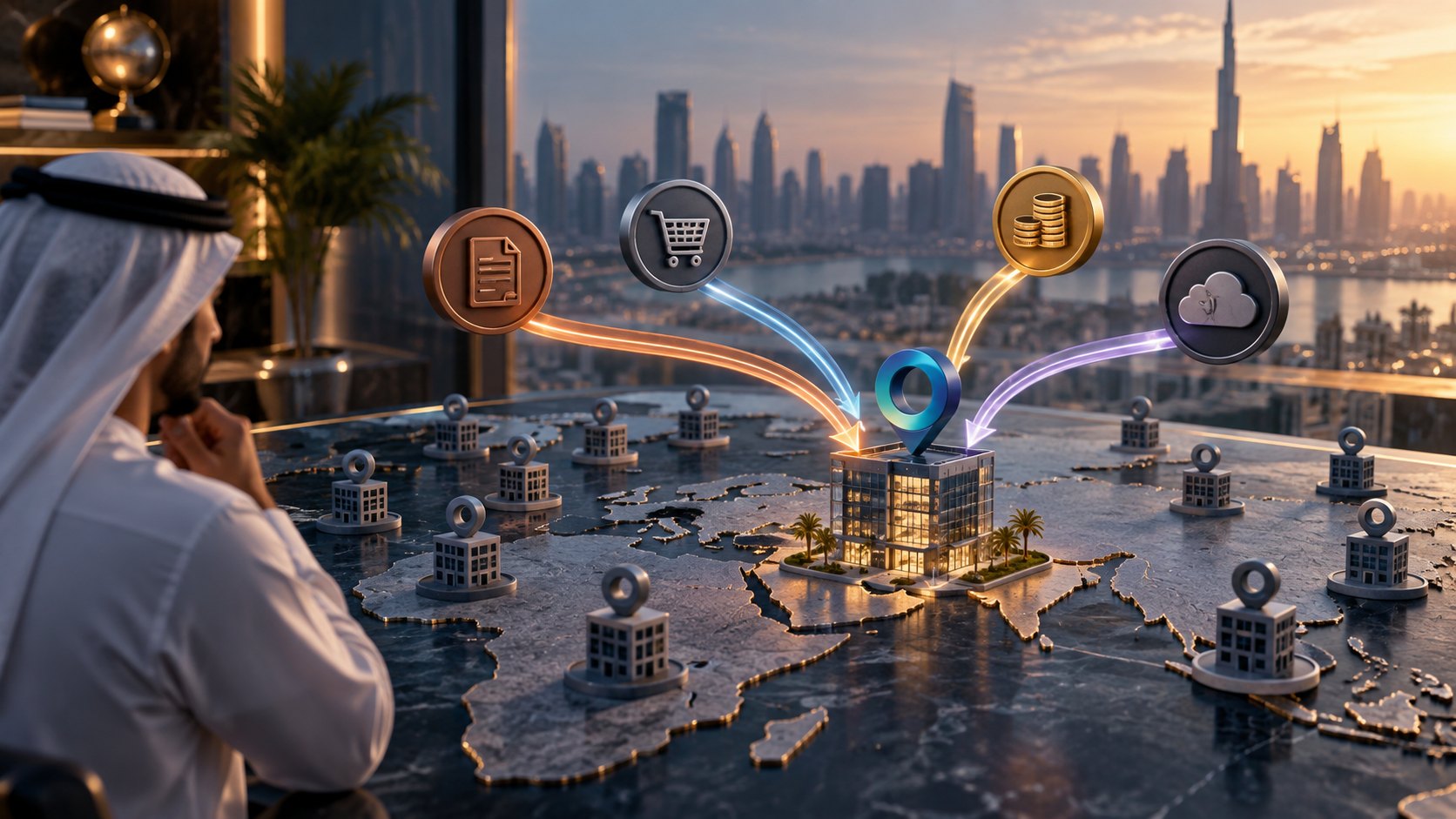 Man watches four arcs curve from icon badges into a lit building on a relief map
