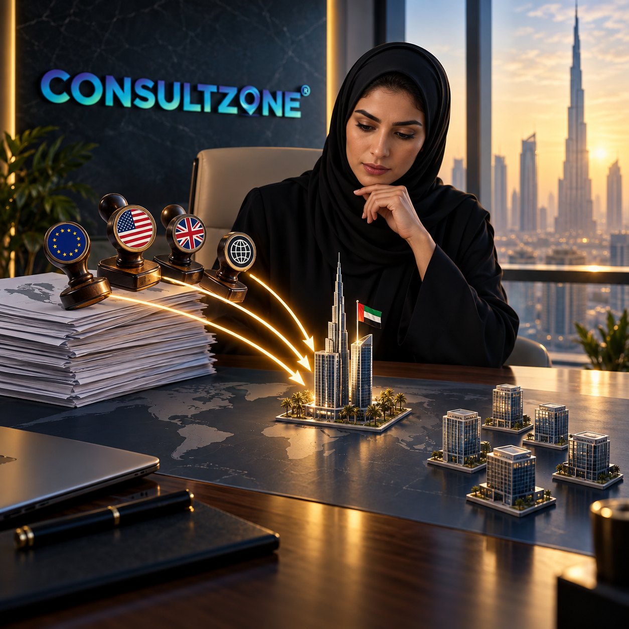 Woman watches light trails arc from flag markers across a map desk toward a model tower