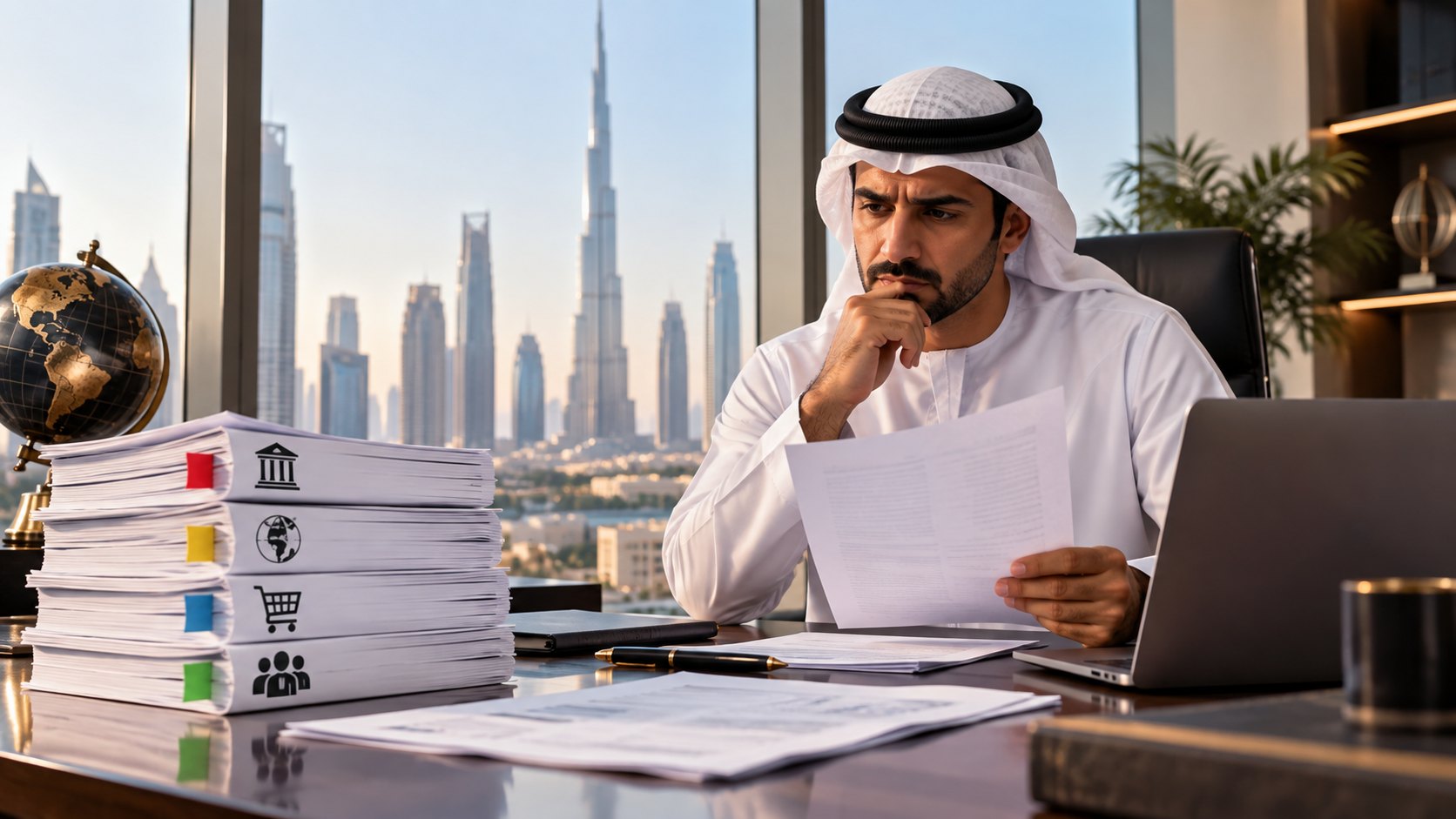 Man at a desk reads a single sheet beside a tall stack of tabbed document bundles