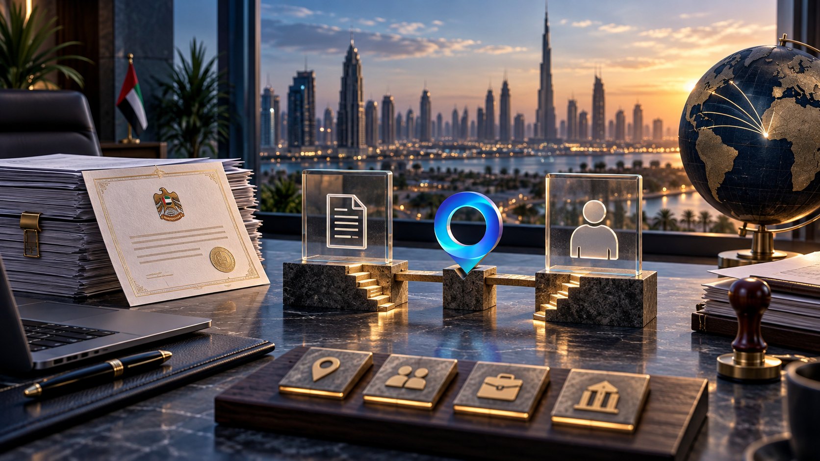 Three lit glass blocks on plinths show document, marker and person icons across a marble desk