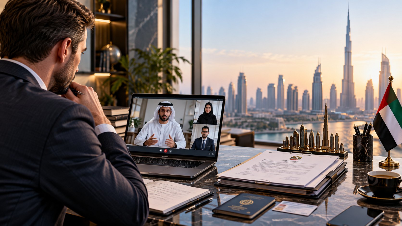 Man in a suit takes a video call with three colleagues, sealed documents open on the desk
