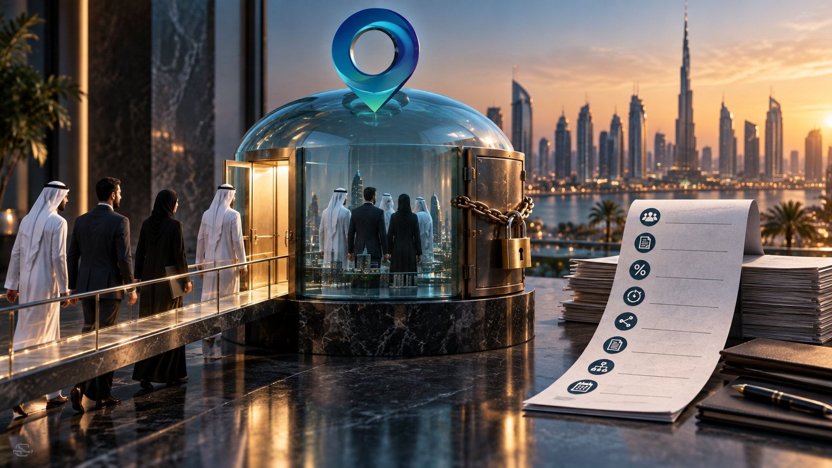 Figures stand inside a chained glass dome on a counter, a long printed checklist curling alongside