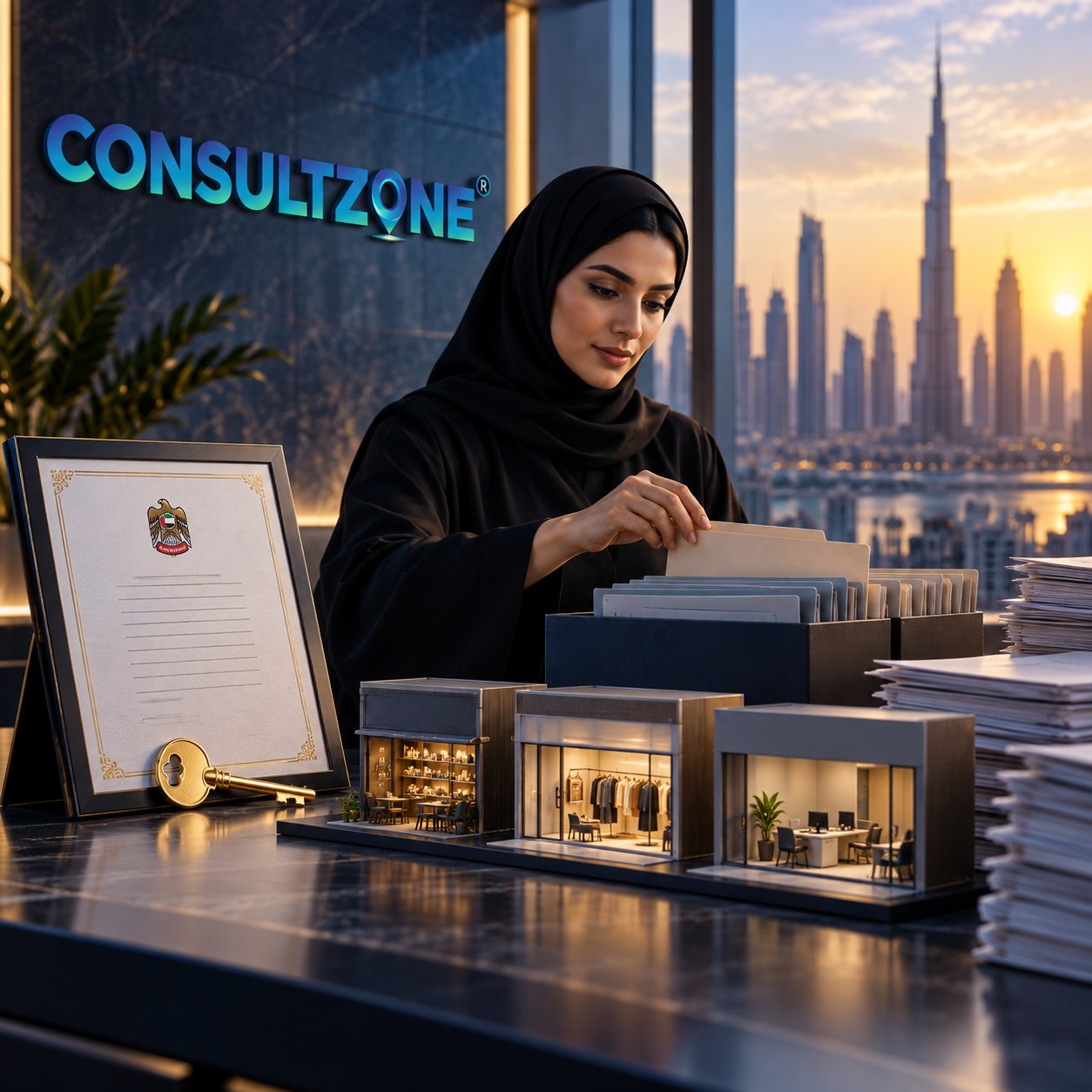 Woman lifts a card from an upright file resting on a lit cutaway model of shop units