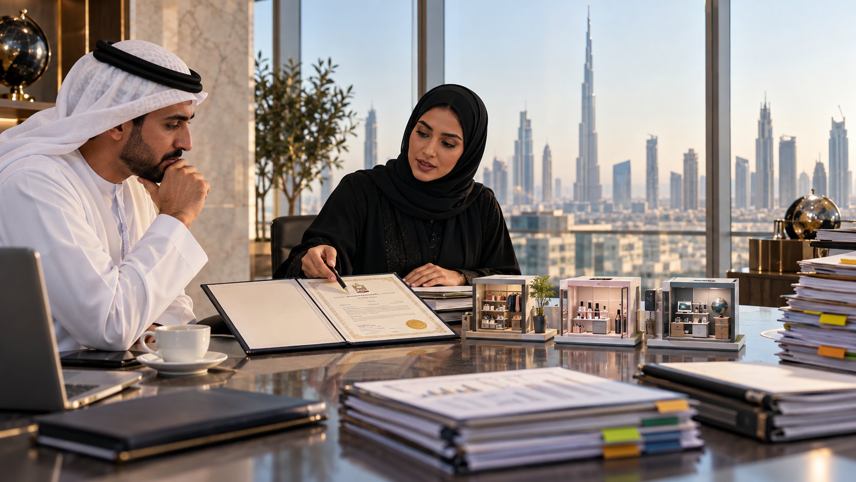 Woman points at a sealed certificate in an open folder while a colleague listens across the table