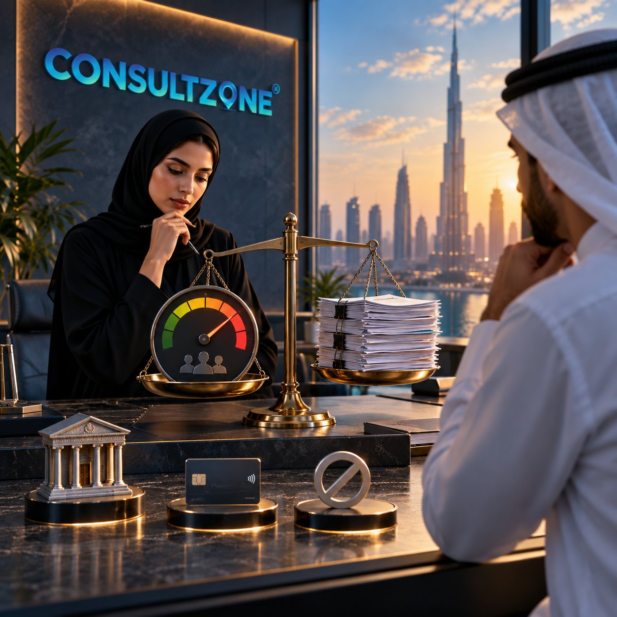 Brass scale weighs a rating dial against a stack of papers between an adviser and a visitor