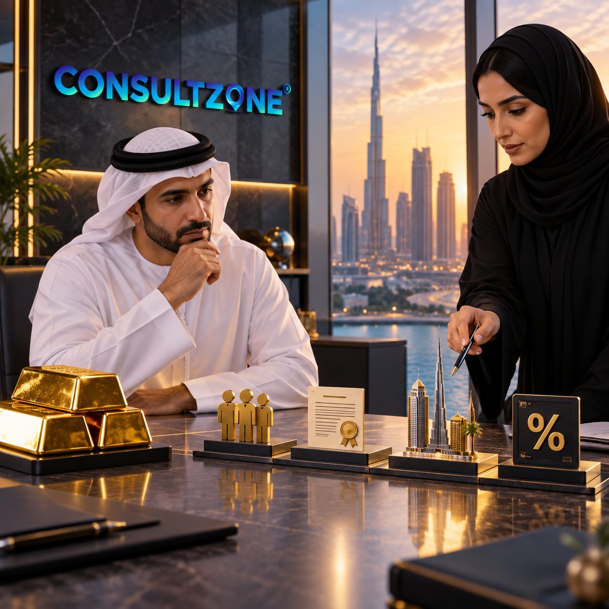 Woman points a pen along a counter of gold bars, a sealed card and a percent block