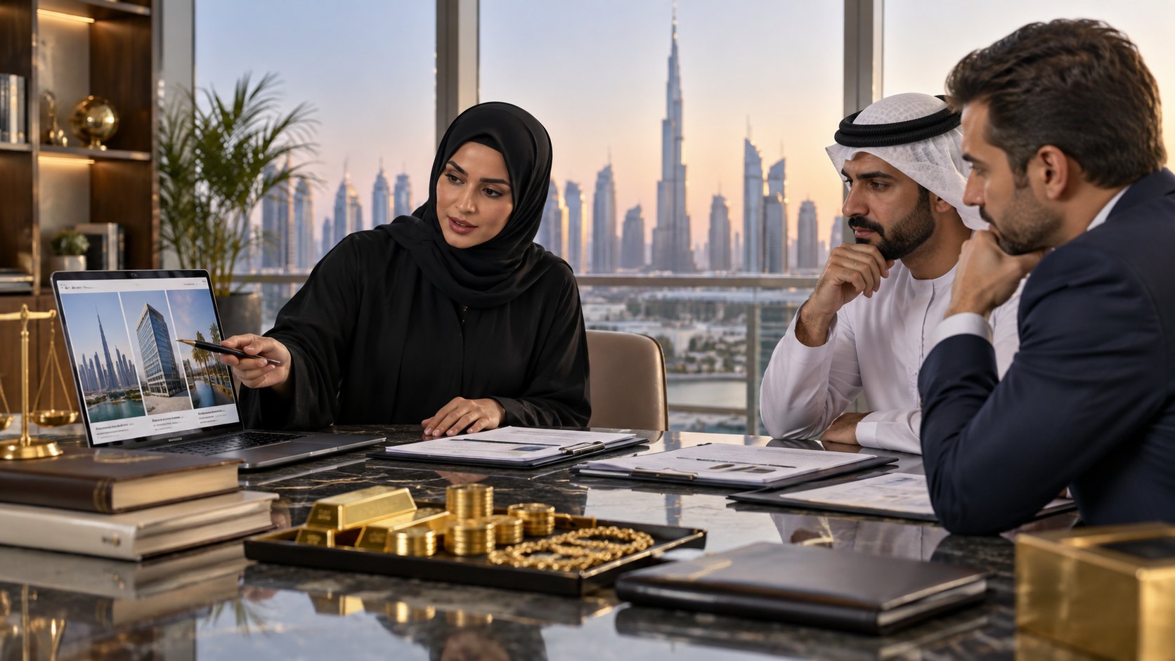 Woman gestures toward a laptop while two men listen, gold bars and jewellery laid on the table