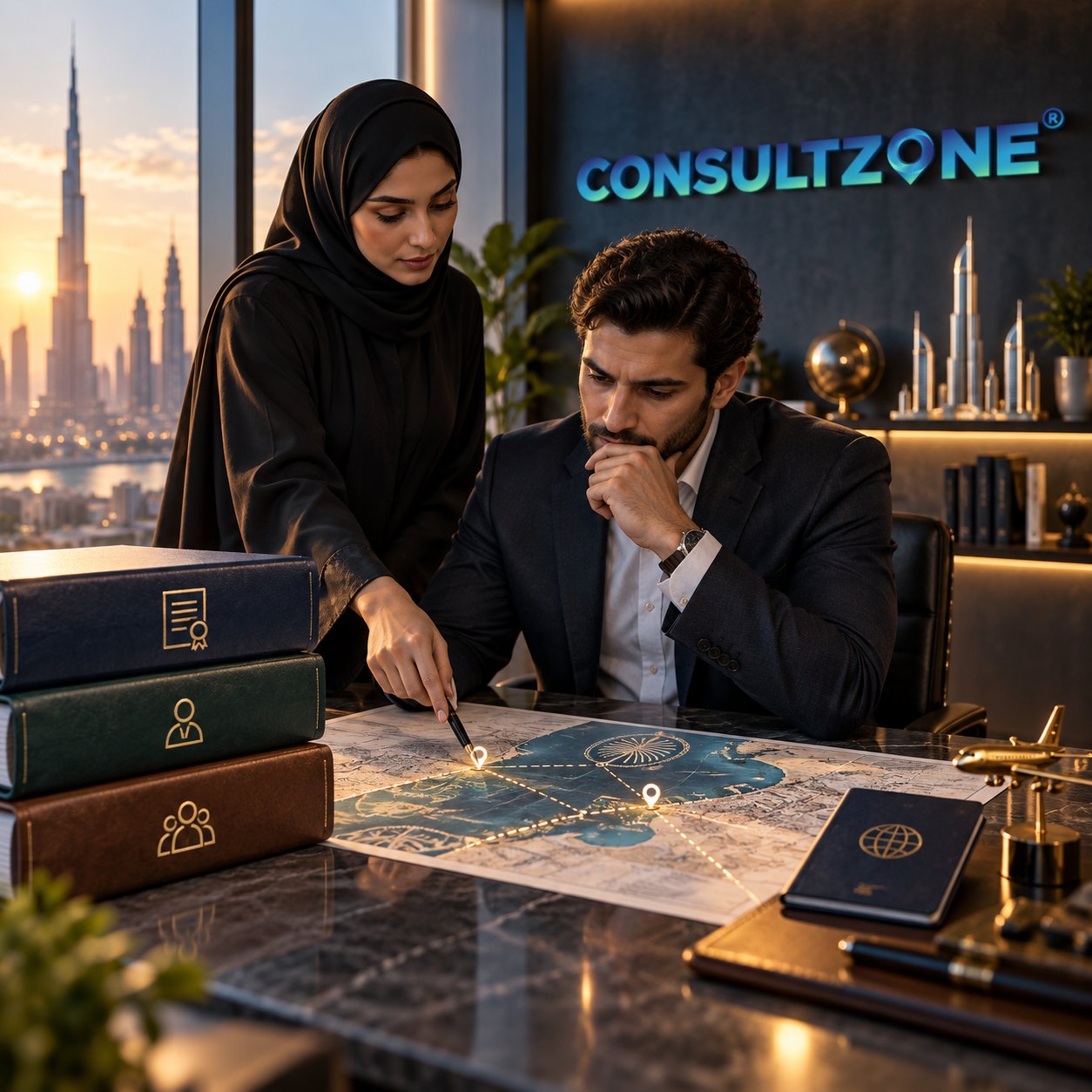 Woman points at a lit city map on a desk while a seated man studies the route