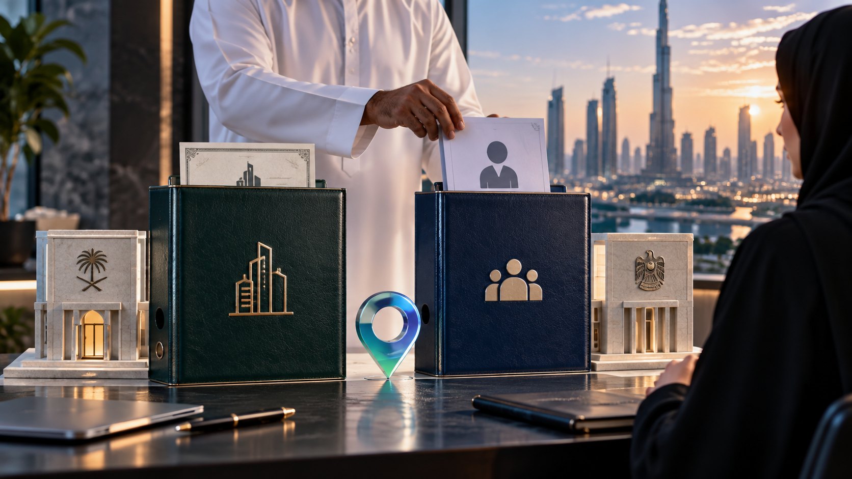 Hands in a white kandura slipping a card into a navy binder beside a green one, glowing pin between