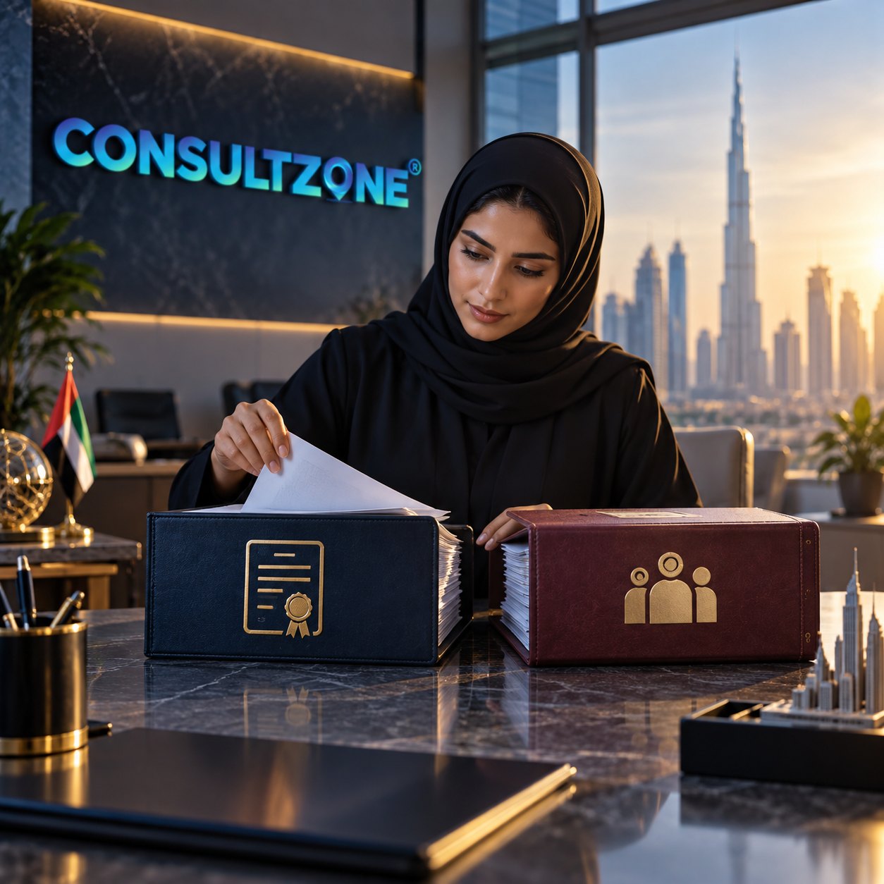 Woman in a black hijab lifting a page from a navy binder beside a maroon one at a marble counter