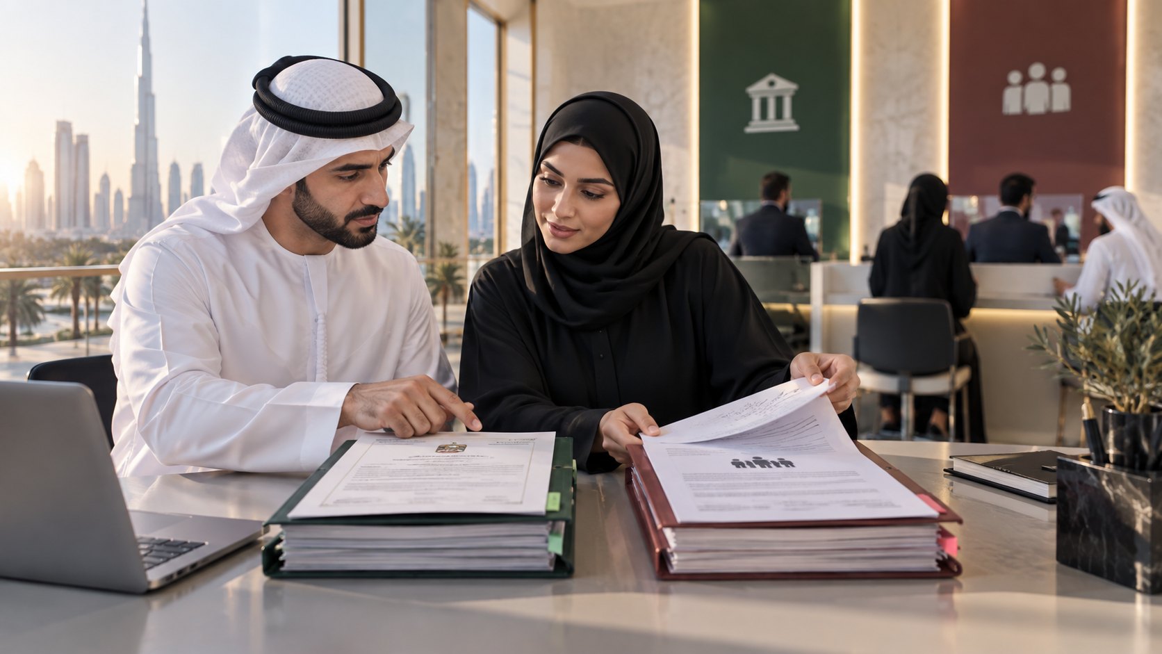 Man in a kandura and woman in an abaya reading papers from two open ring binders at a shared table