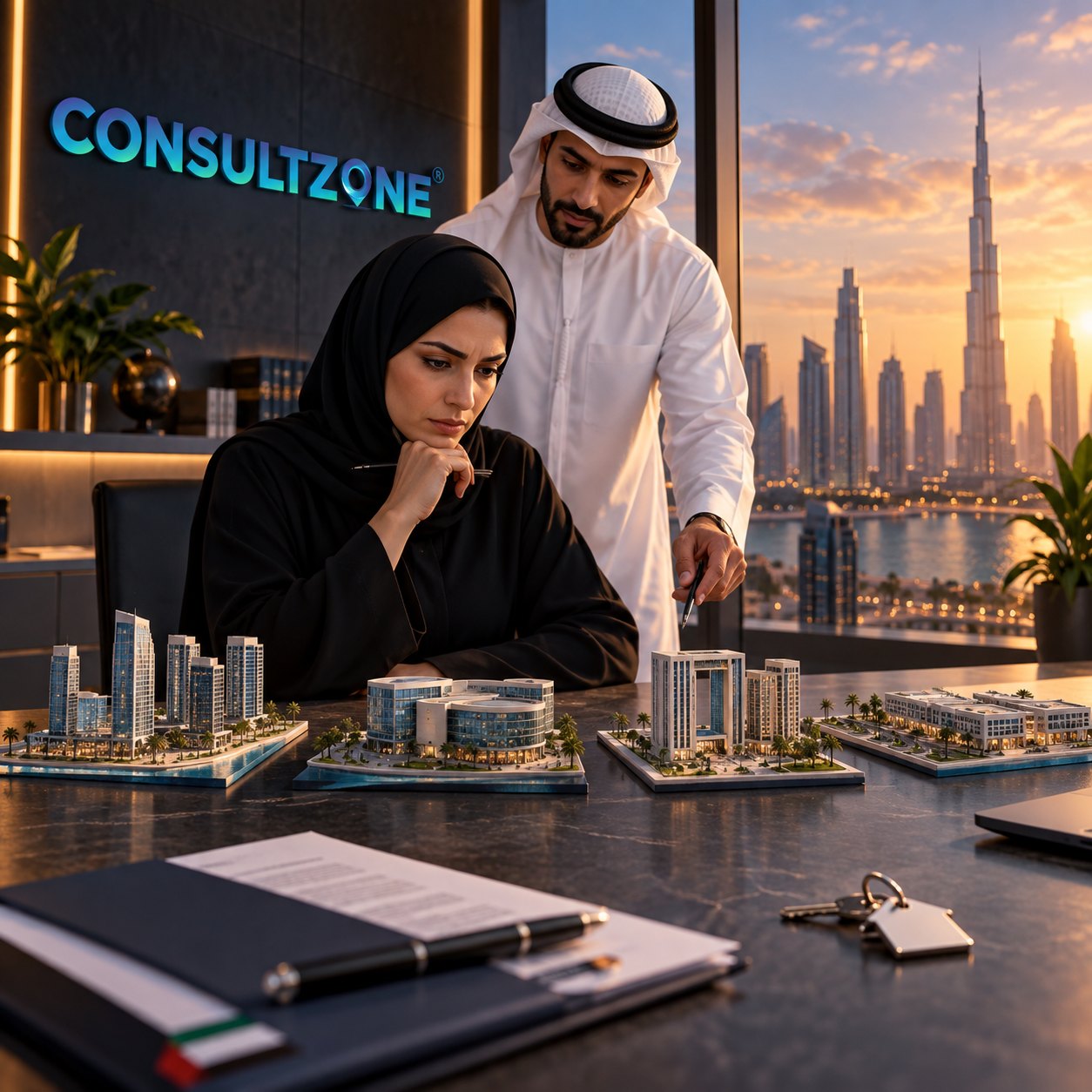 Standing man in a kandura points out four architectural scale models to a seated woman in an abaya