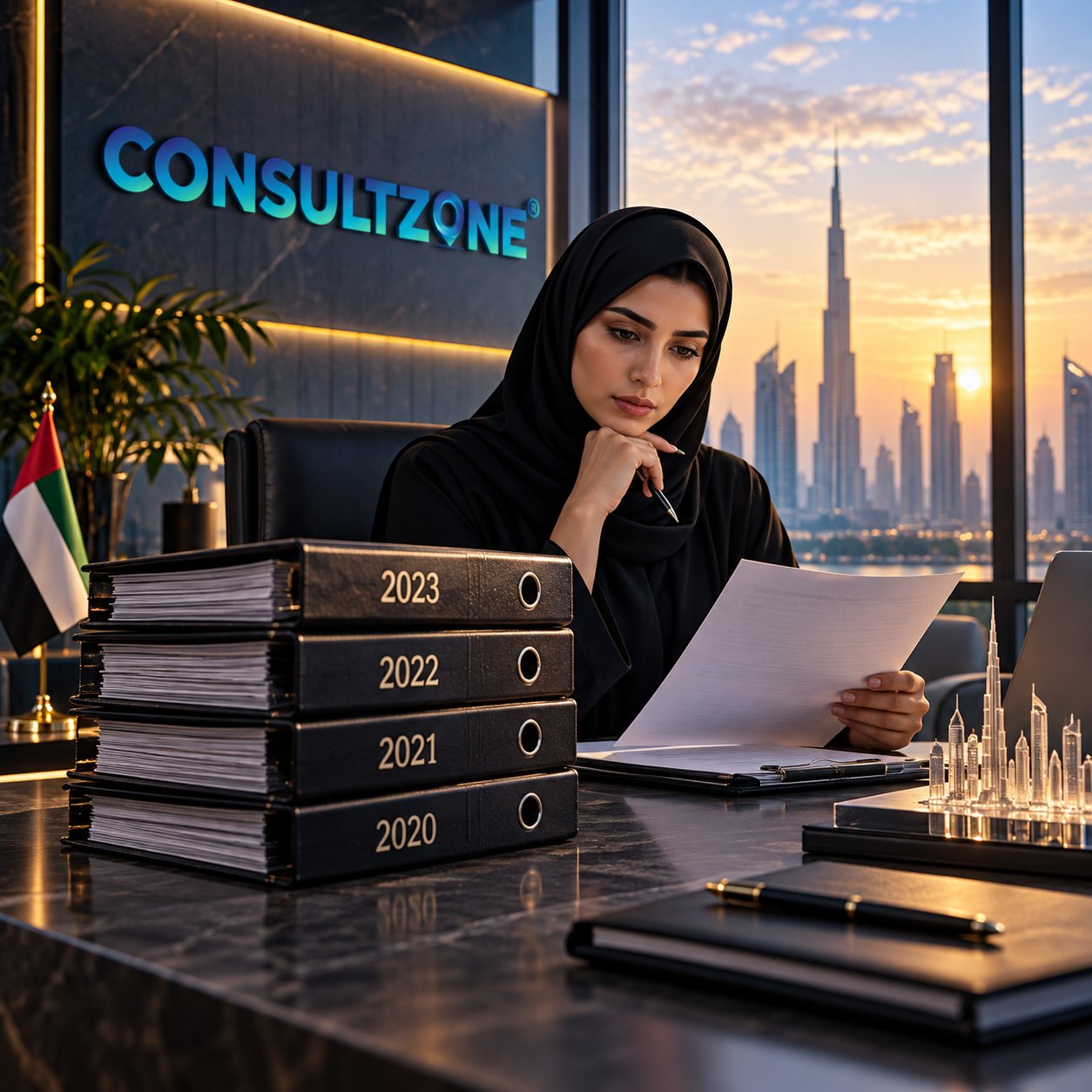 Woman in a black hijab reads a sheet beside four ring binders labelled by year, pen in hand