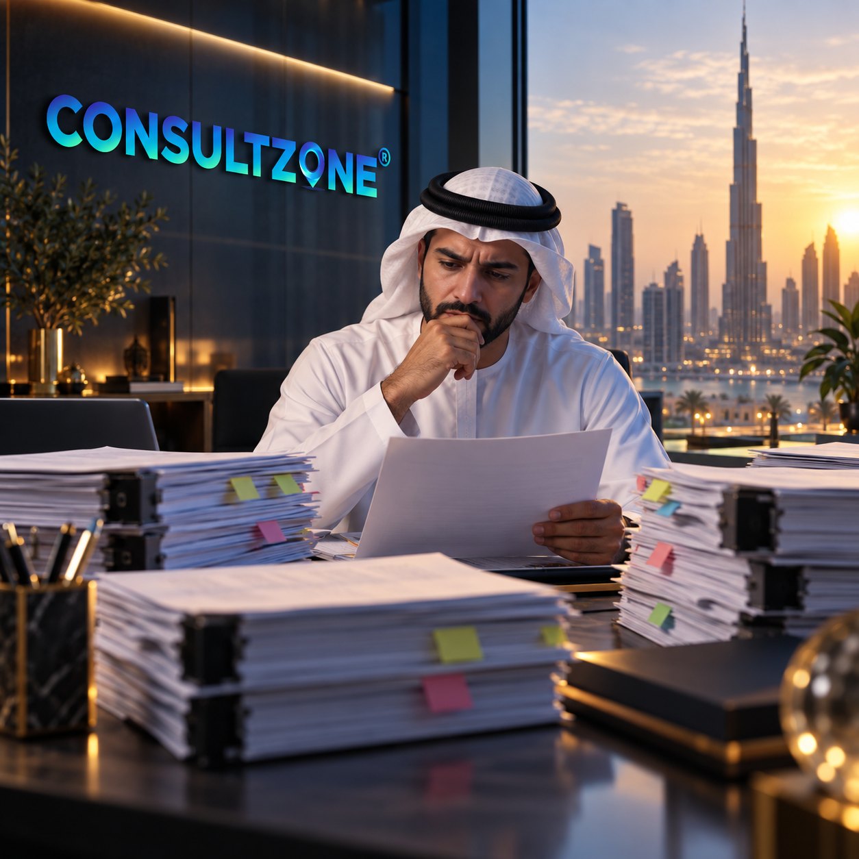 Man in a kandura reads a document behind thick stacks of paper flagged with sticky tabs